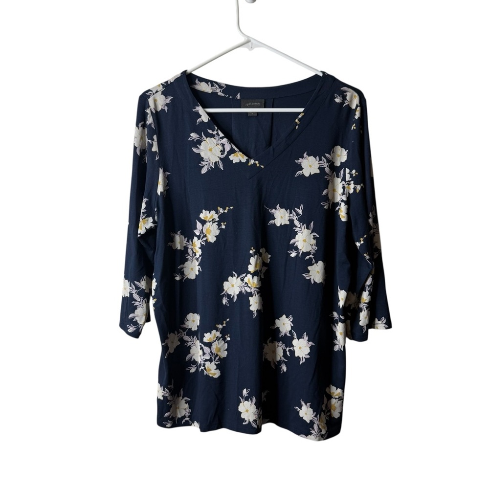 J Jill Wearever Collection Navy Blue Floral 3/4 Sleeve Blouse